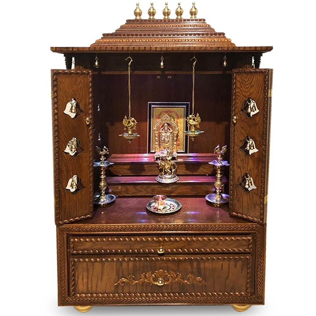 Wooden Brown Double Door Pooja Temple For Home Size 6 Feet