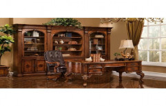Brown Rectangular Antique Office Wardrobe and Table Set