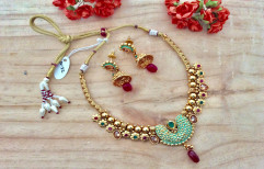 Golden Fancy Antique Gold Plated Mint Meenakari Necklace Set With Matching Jhumki