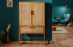 Natural Brown Color Door Satina Cane Furniture Storage Mango Wood Cabinet 31.5x18x55 Inch, 40 kg, Matte Finish