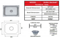 Single/Double Stainless Steel Futura Kitchen Sinks, Size: 18 X 16 Inch / 457mm X406 mm